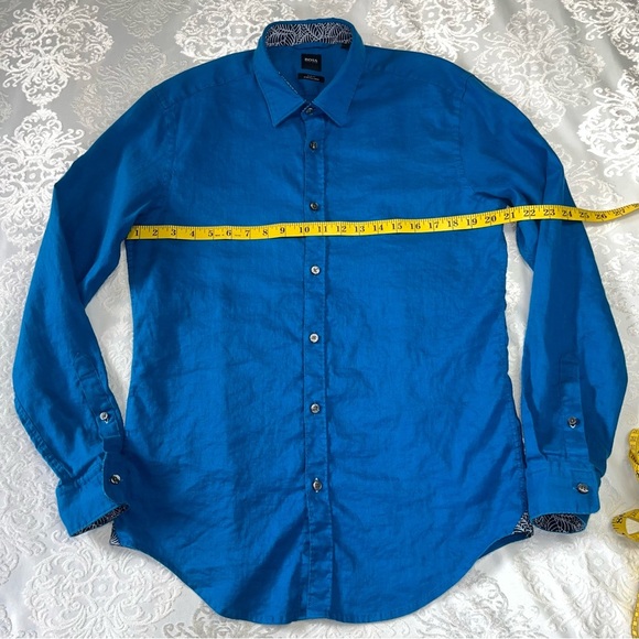 Boss Hugo Boss Stretch Linen Slim Fit Button Down In Blue Size Large - Picture 6 of 8